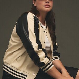 Anthropologie Color Block Faux Leather Black & Cream Varsity/Bomber Jacket